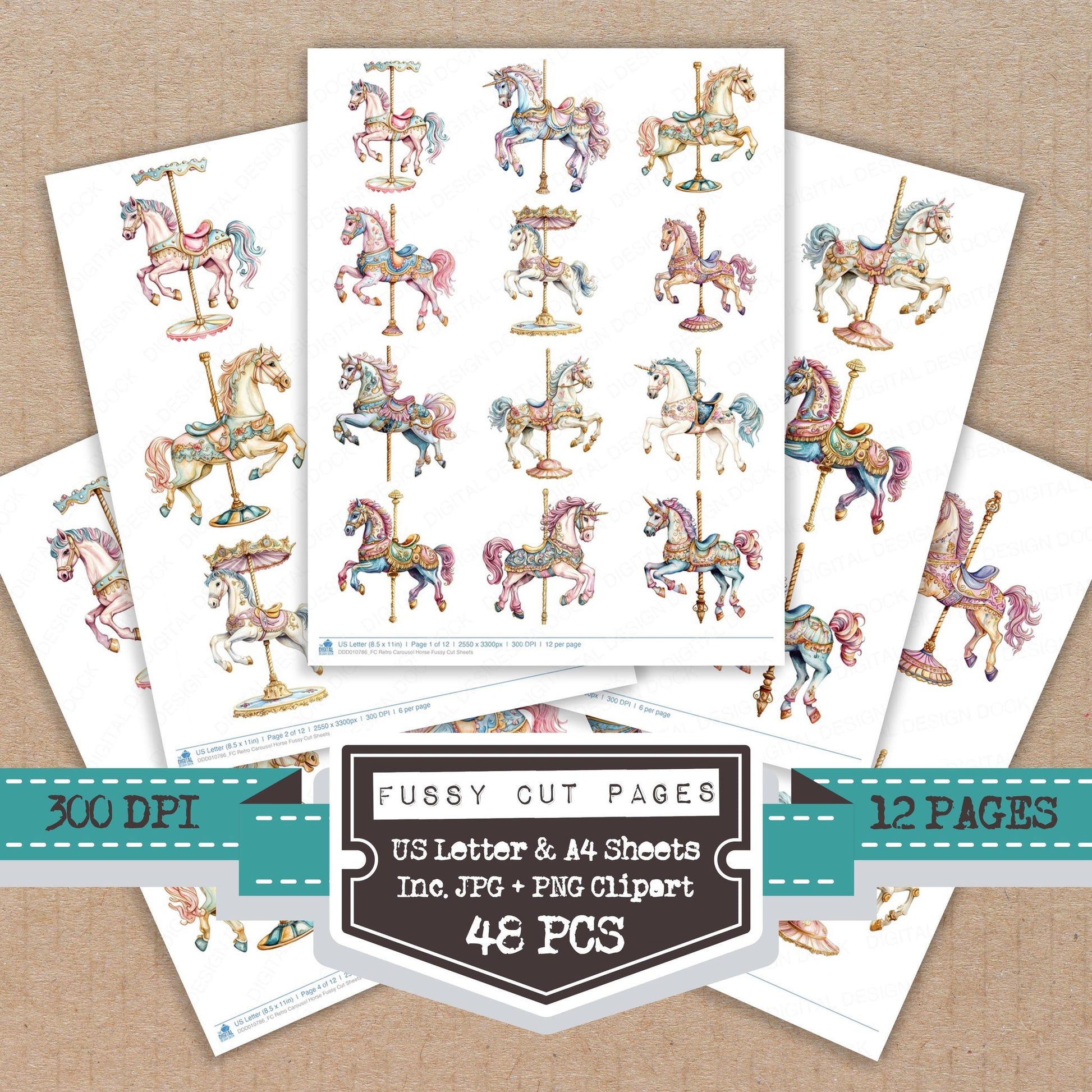 Retro Carousel Horse fussy cut printable sheets for junk journaling, scrapbooking, and paper craft projects