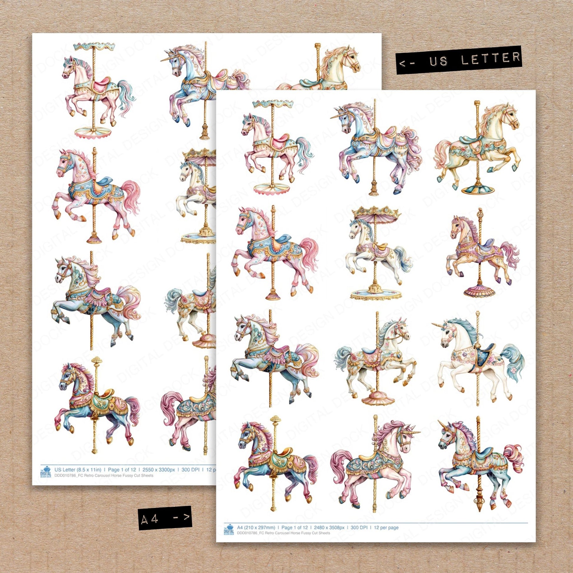 A4 and US Letter format comparison showing Retro Carousel Horse fussy cut pages for print and cut crafting