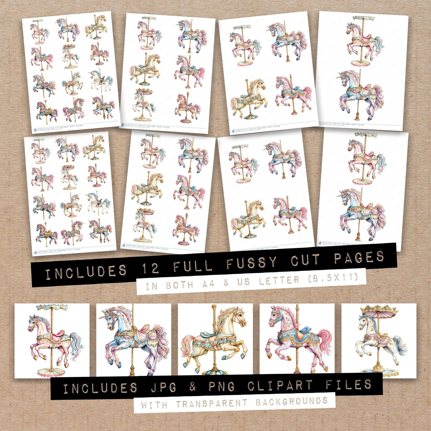 Full collection view of Retro Carousel Horse fussy cut sheets with bonus clipart JPG and PNG files