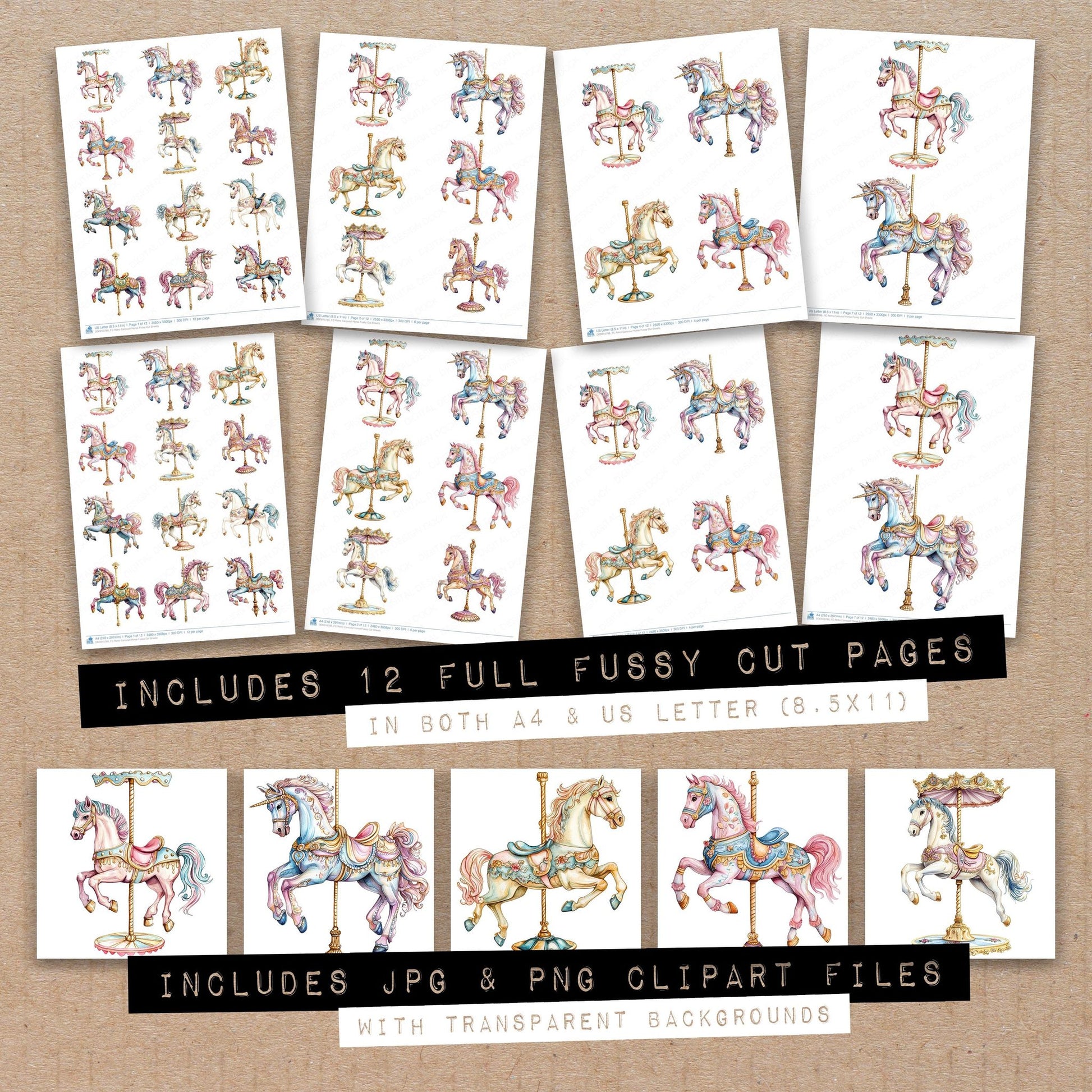 Full collection view of Retro Carousel Horse fussy cut sheets with bonus clipart JPG and PNG files
