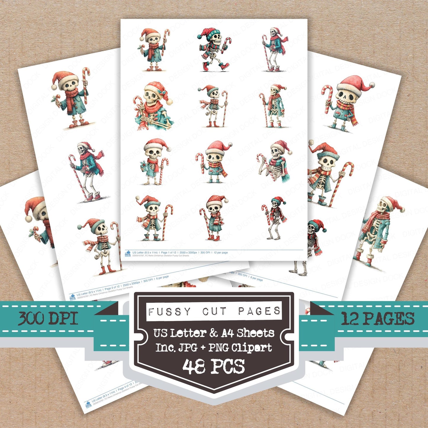 Retro Christmas Skeleton fussy cut printable sheets for junk journaling, scrapbooking, and paper craft projects