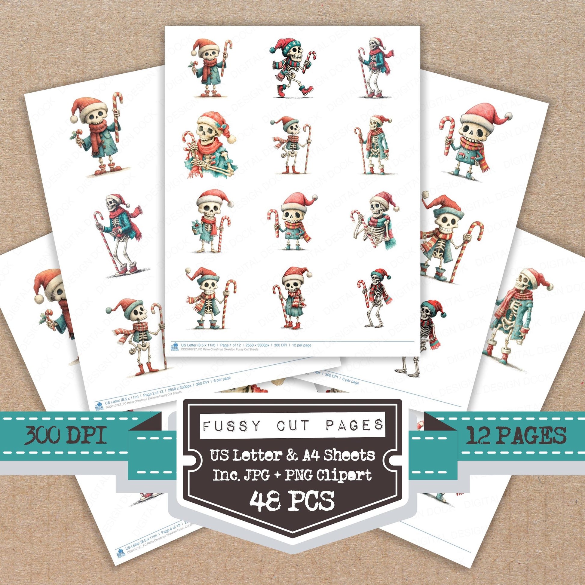 Retro Christmas Skeleton fussy cut printable sheets for junk journaling, scrapbooking, and paper craft projects