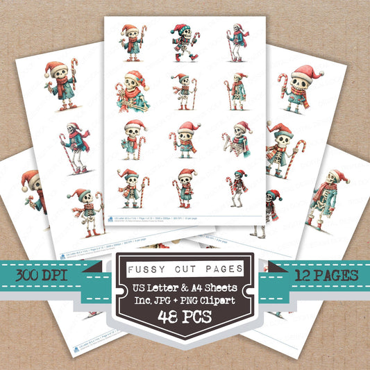 Retro Christmas Skeleton fussy cut printable sheets for junk journaling, scrapbooking, and paper craft projects
