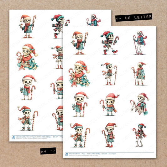 A4 and US Letter format comparison showing Retro Christmas Skeleton fussy cut pages for print and cut crafting