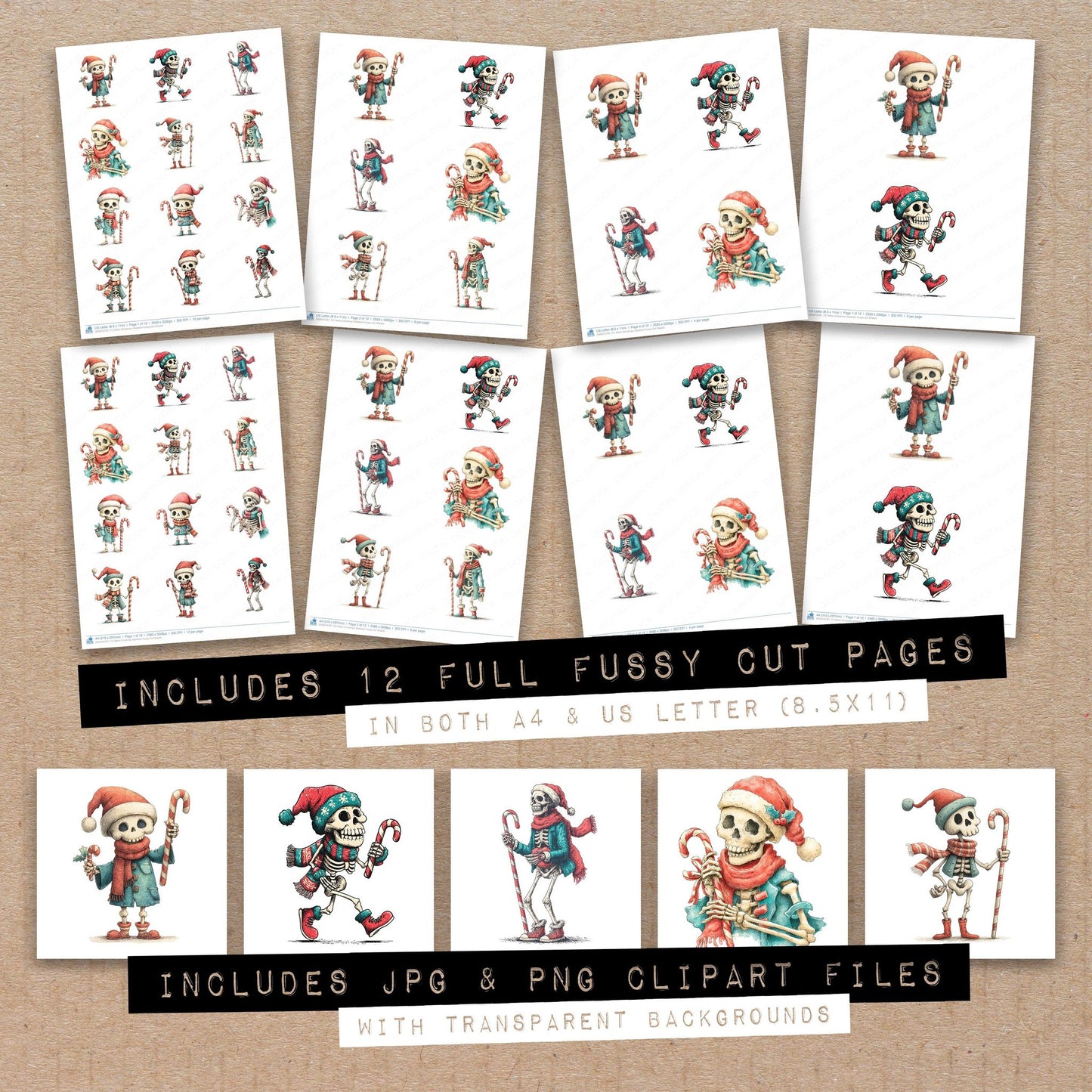 Full collection view of Retro Christmas Skeleton fussy cut sheets with bonus clipart JPG and PNG files