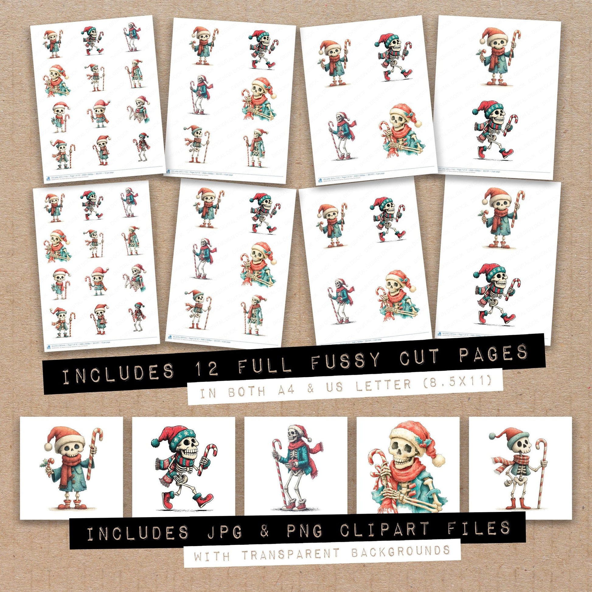 Full collection view of Retro Christmas Skeleton fussy cut sheets with bonus clipart JPG and PNG files