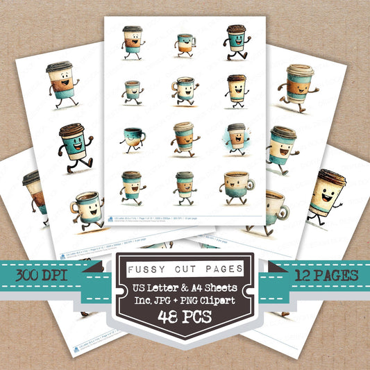 Retro Coffee Cup Character fussy cut printable sheets for junk journaling, scrapbooking, and paper craft projects