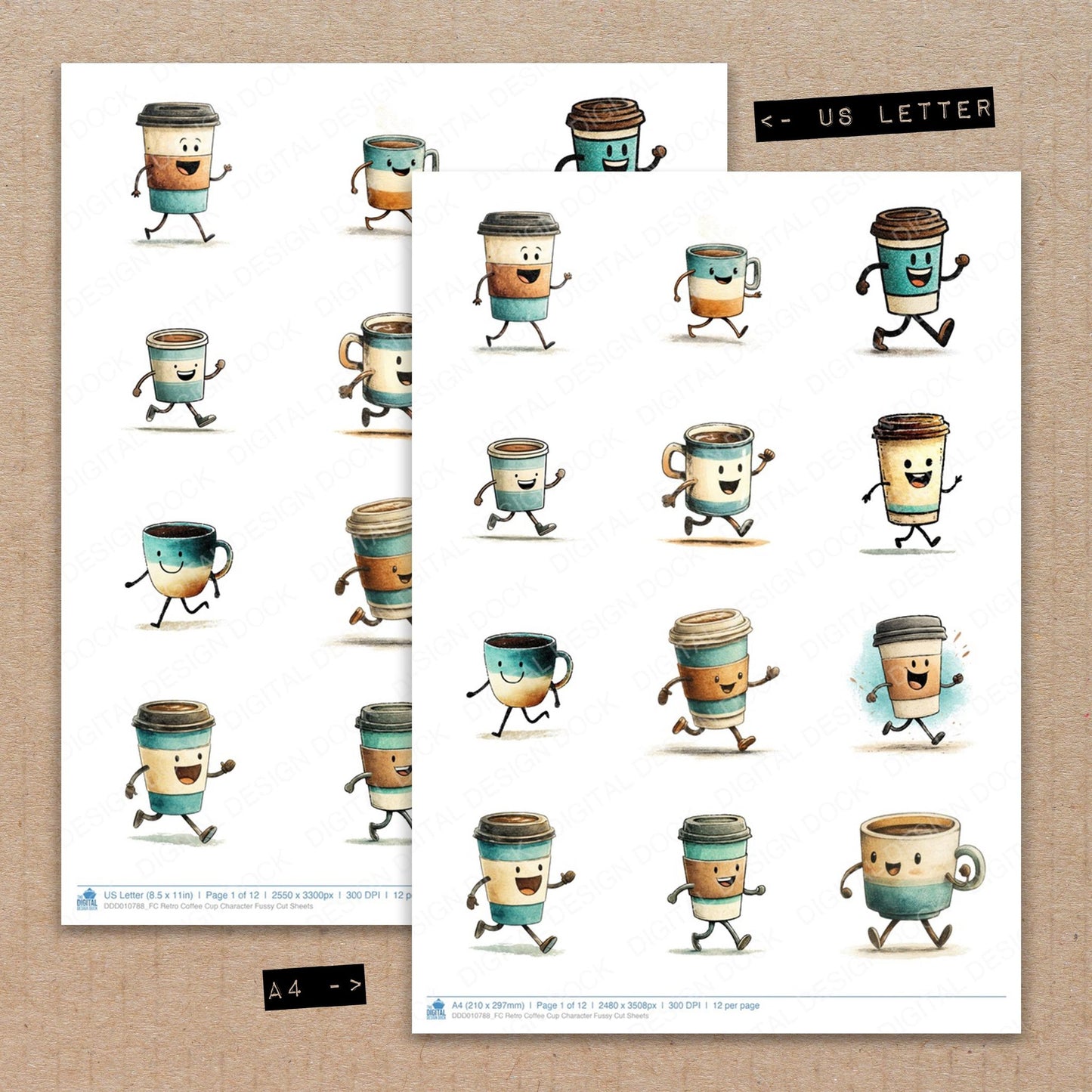 A4 and US Letter format comparison showing Retro Coffee Cup Character fussy cut pages for print and cut crafting