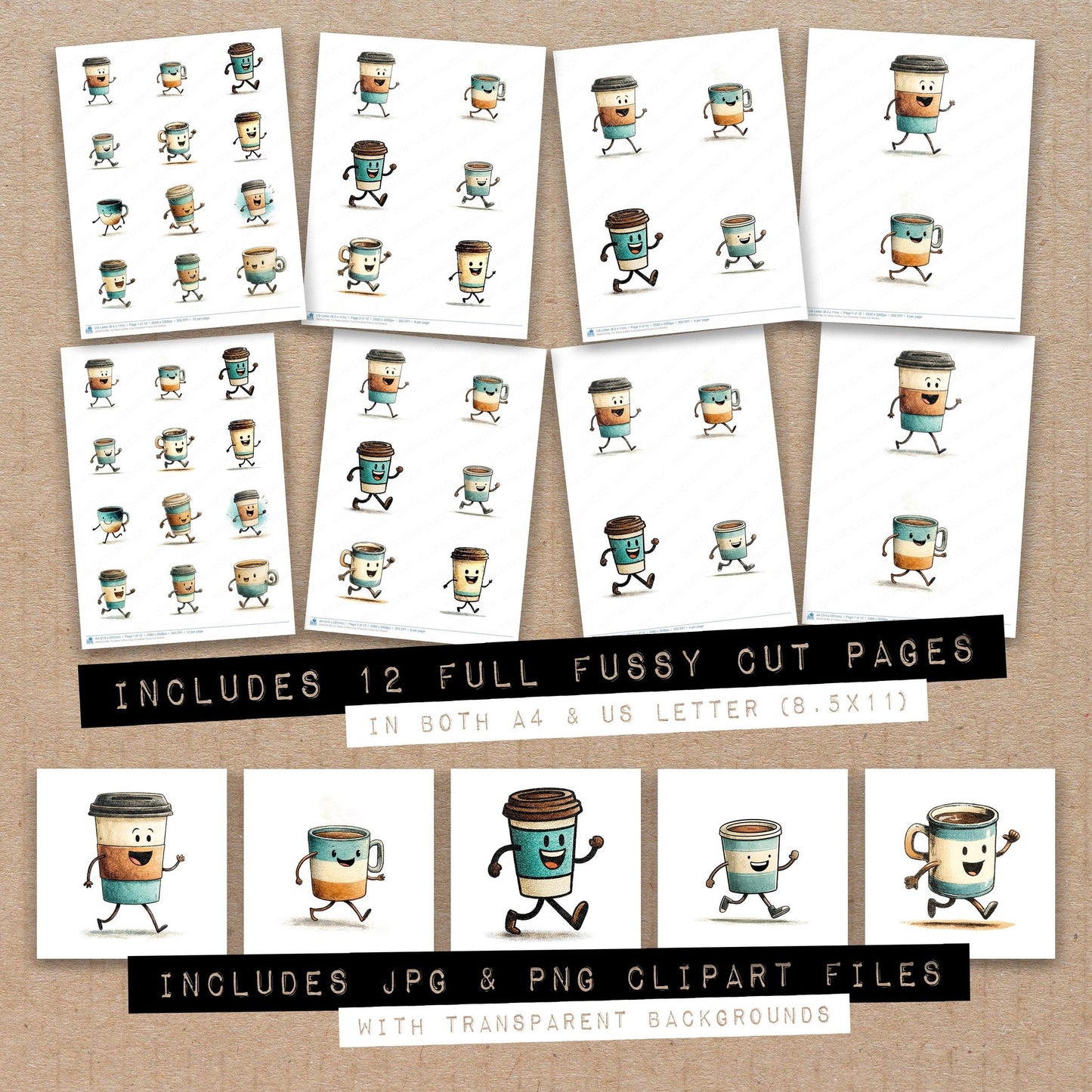 Full collection view of Retro Coffee Cup Character fussy cut sheets with bonus clipart JPG and PNG files