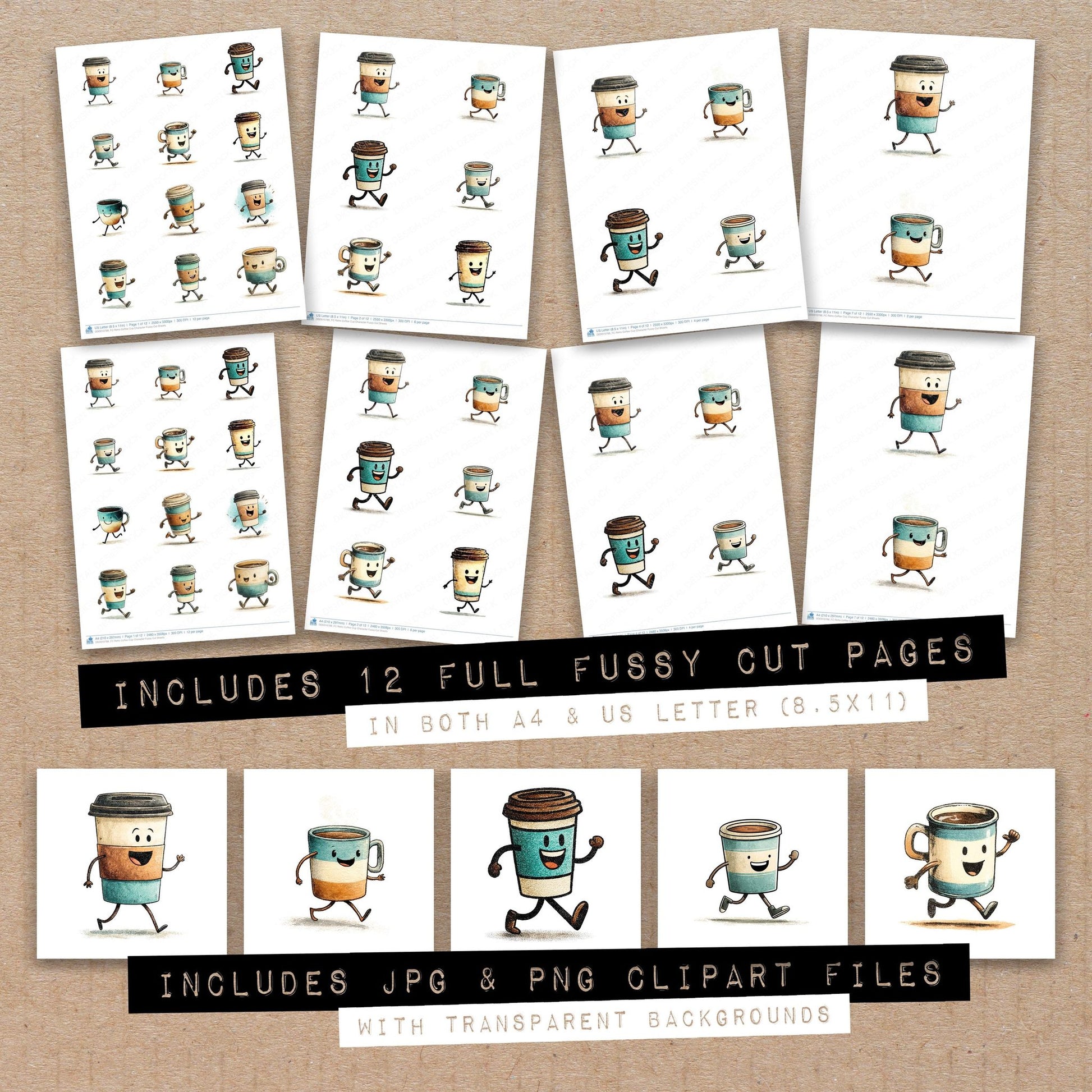 Full collection view of Retro Coffee Cup Character fussy cut sheets with bonus clipart JPG and PNG files