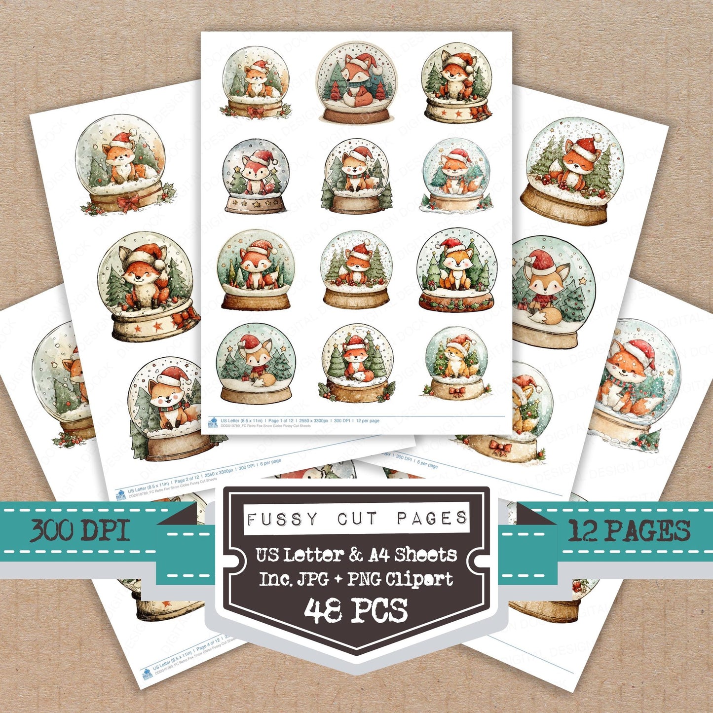 Retro Fox Snow Globe fussy cut printable sheets for junk journaling, scrapbooking, and paper craft projects