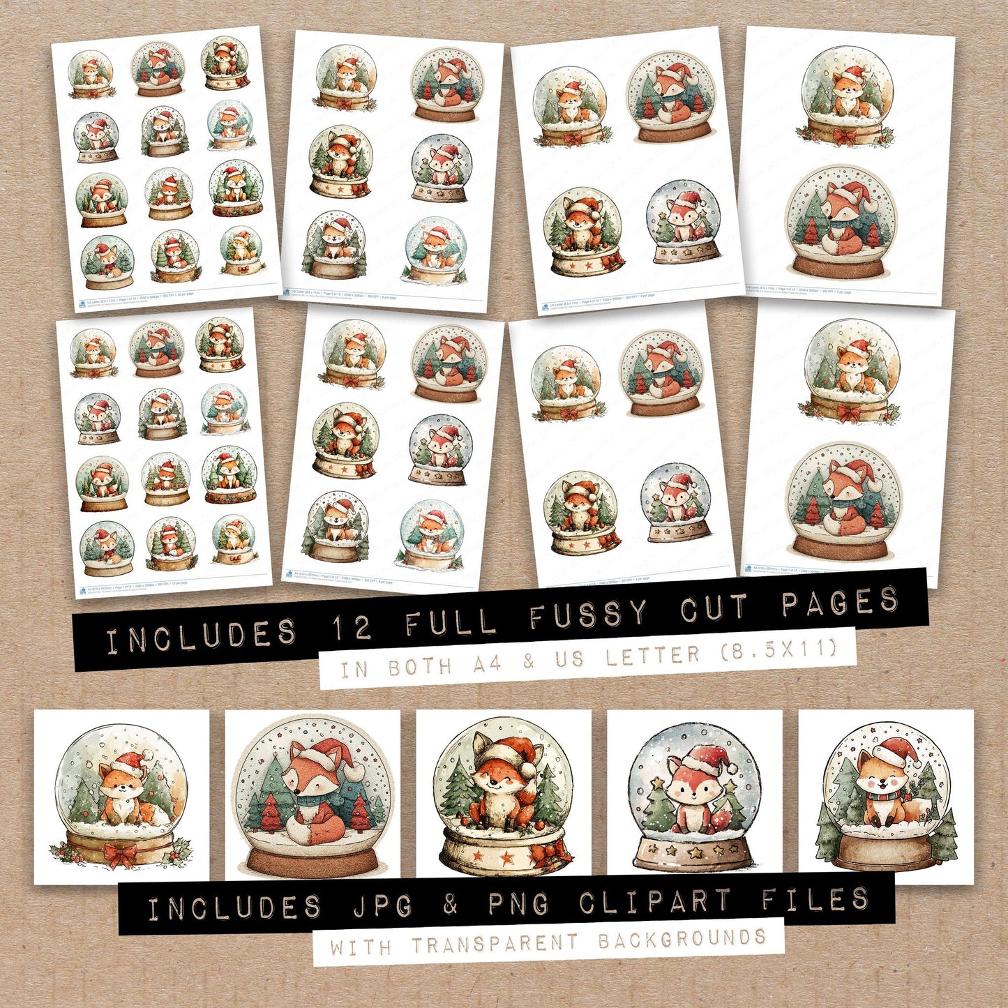 Full collection view of Retro Fox Snow Globe fussy cut sheets with bonus clipart JPG and PNG files