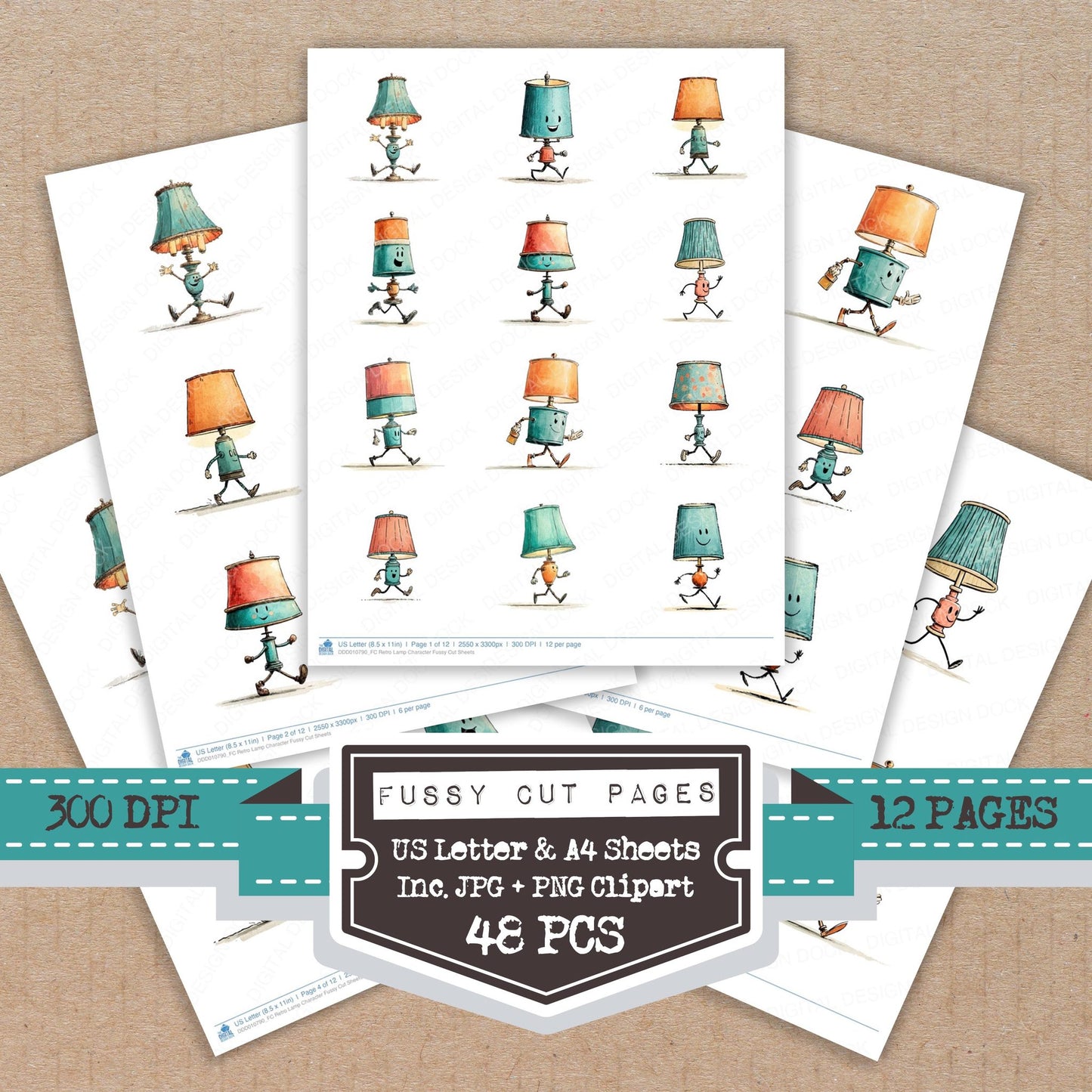 Retro Lamp Character fussy cut printable sheets for junk journaling, scrapbooking, and paper craft projects