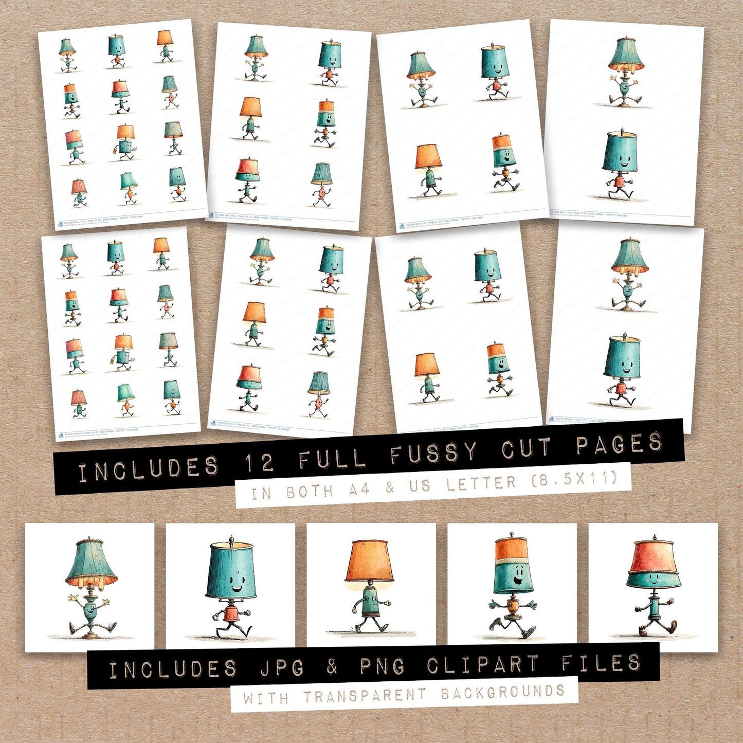 Full collection view of Retro Lamp Character fussy cut sheets with bonus clipart JPG and PNG files