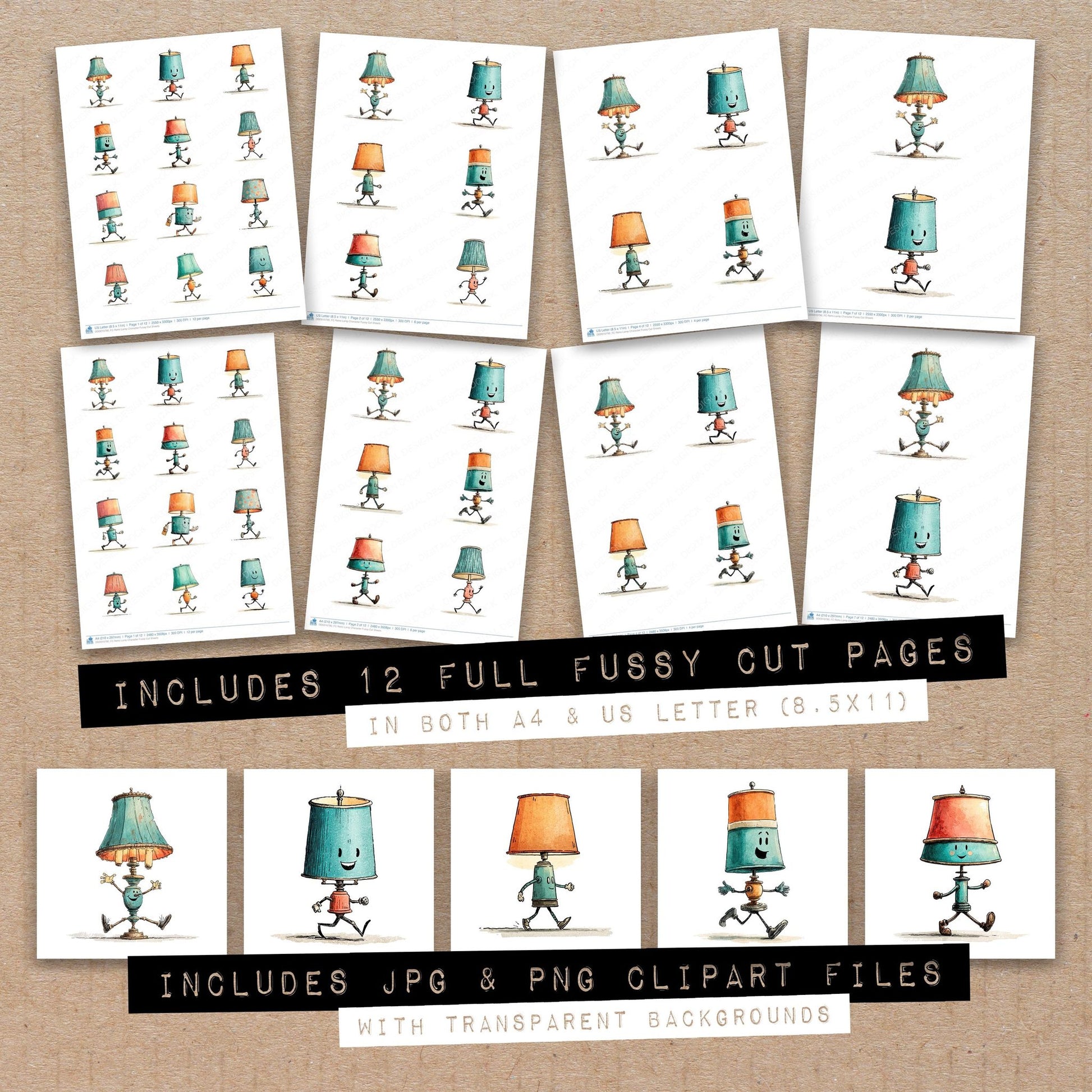 Full collection view of Retro Lamp Character fussy cut sheets with bonus clipart JPG and PNG files