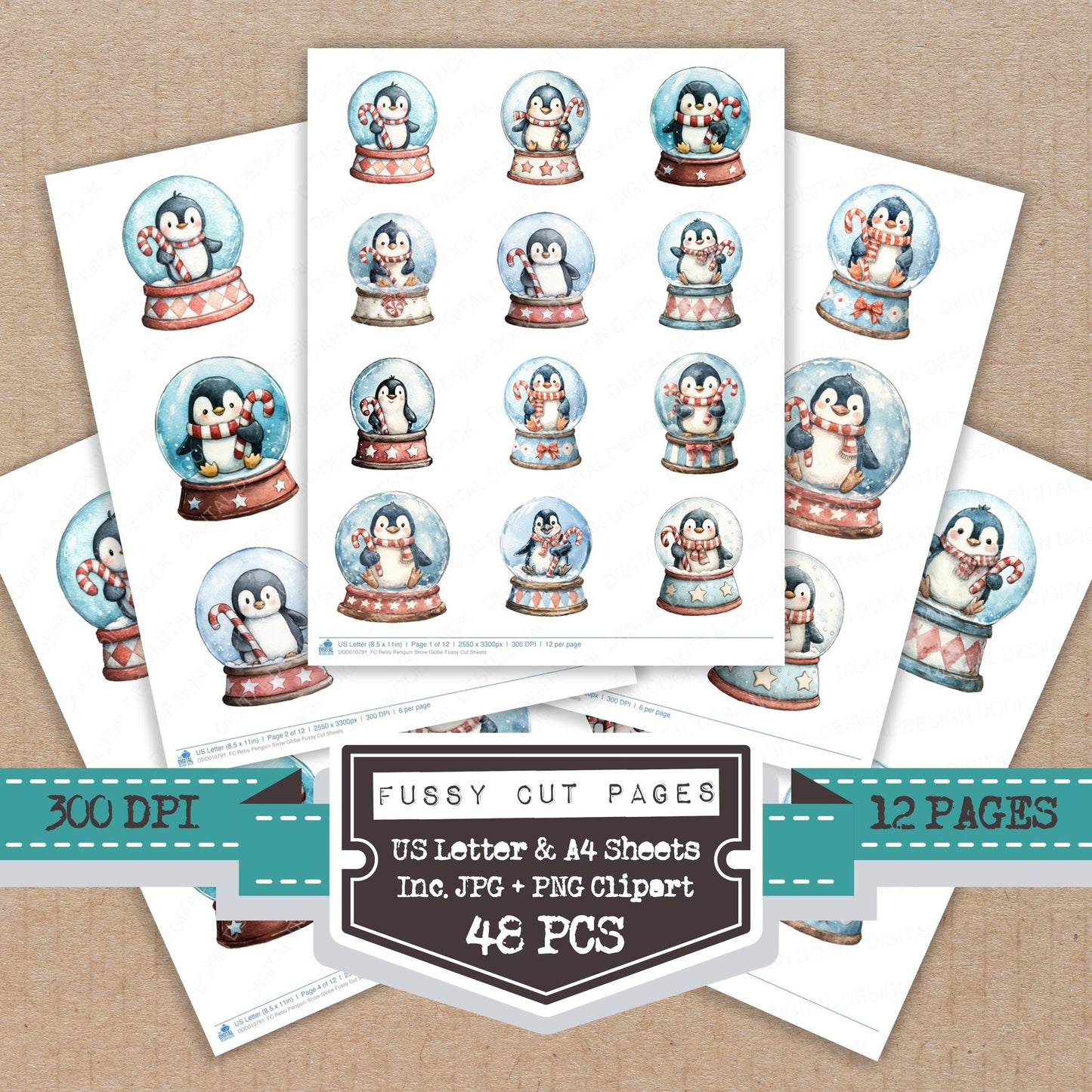 Retro Penguin Snow Globe fussy cut printable sheets for junk journaling, scrapbooking, and paper craft projects