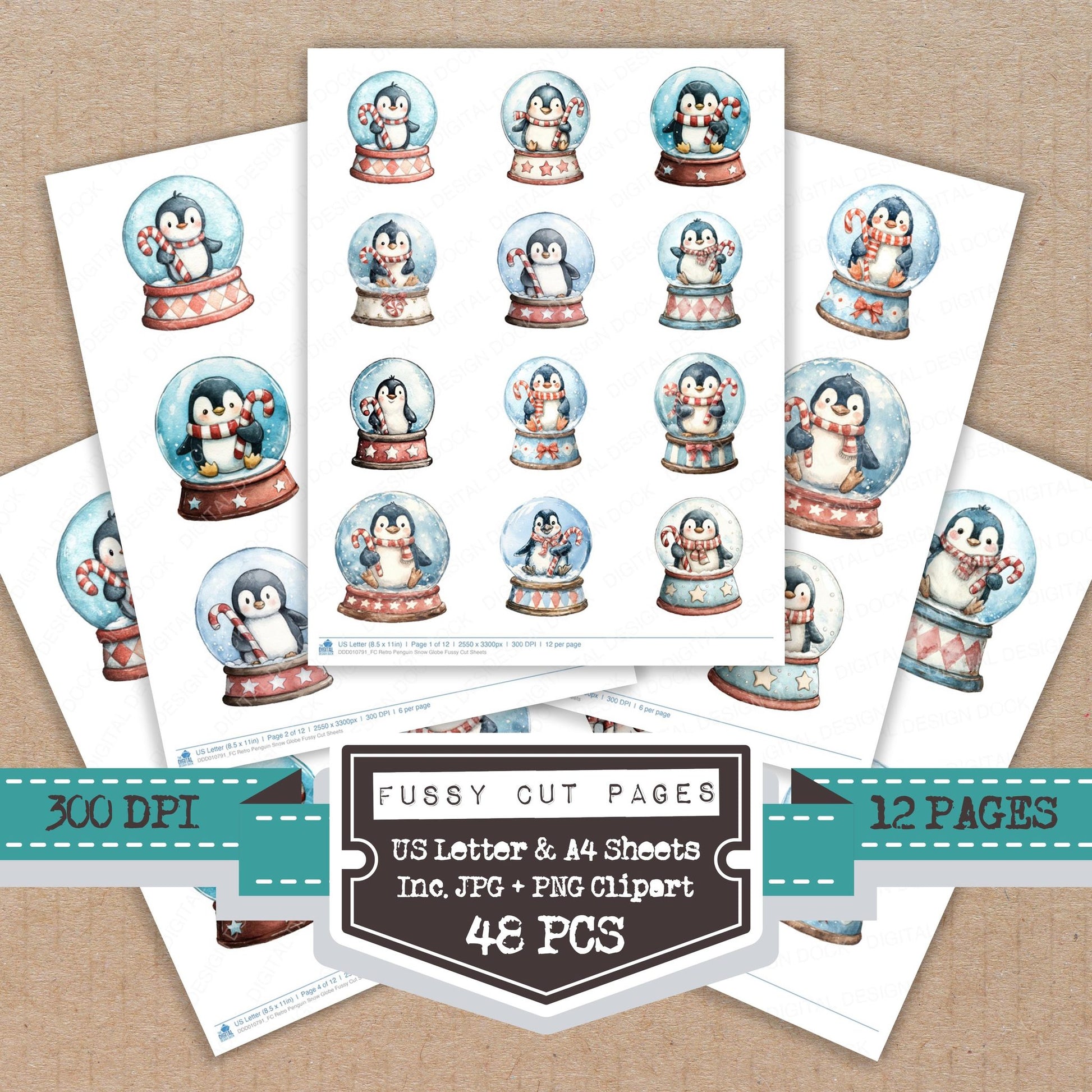 Retro Penguin Snow Globe fussy cut printable sheets for junk journaling, scrapbooking, and paper craft projects