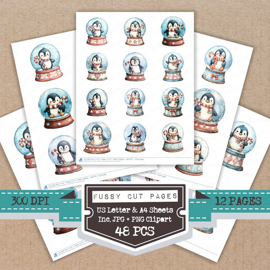 Retro Penguin Snow Globe fussy cut printable sheets for junk journaling, scrapbooking, and paper craft projects