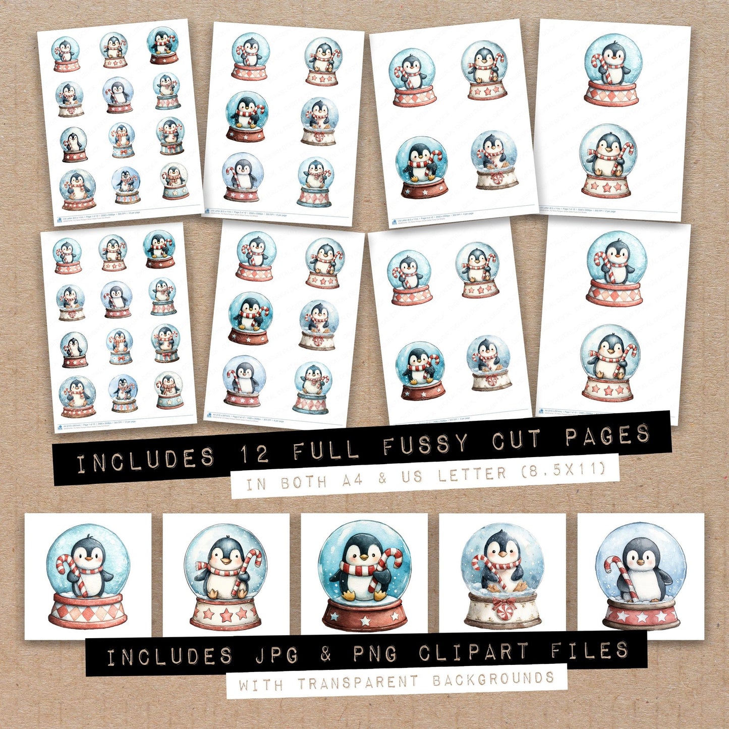 Full collection view of Retro Penguin Snow Globe fussy cut sheets with bonus clipart JPG and PNG files