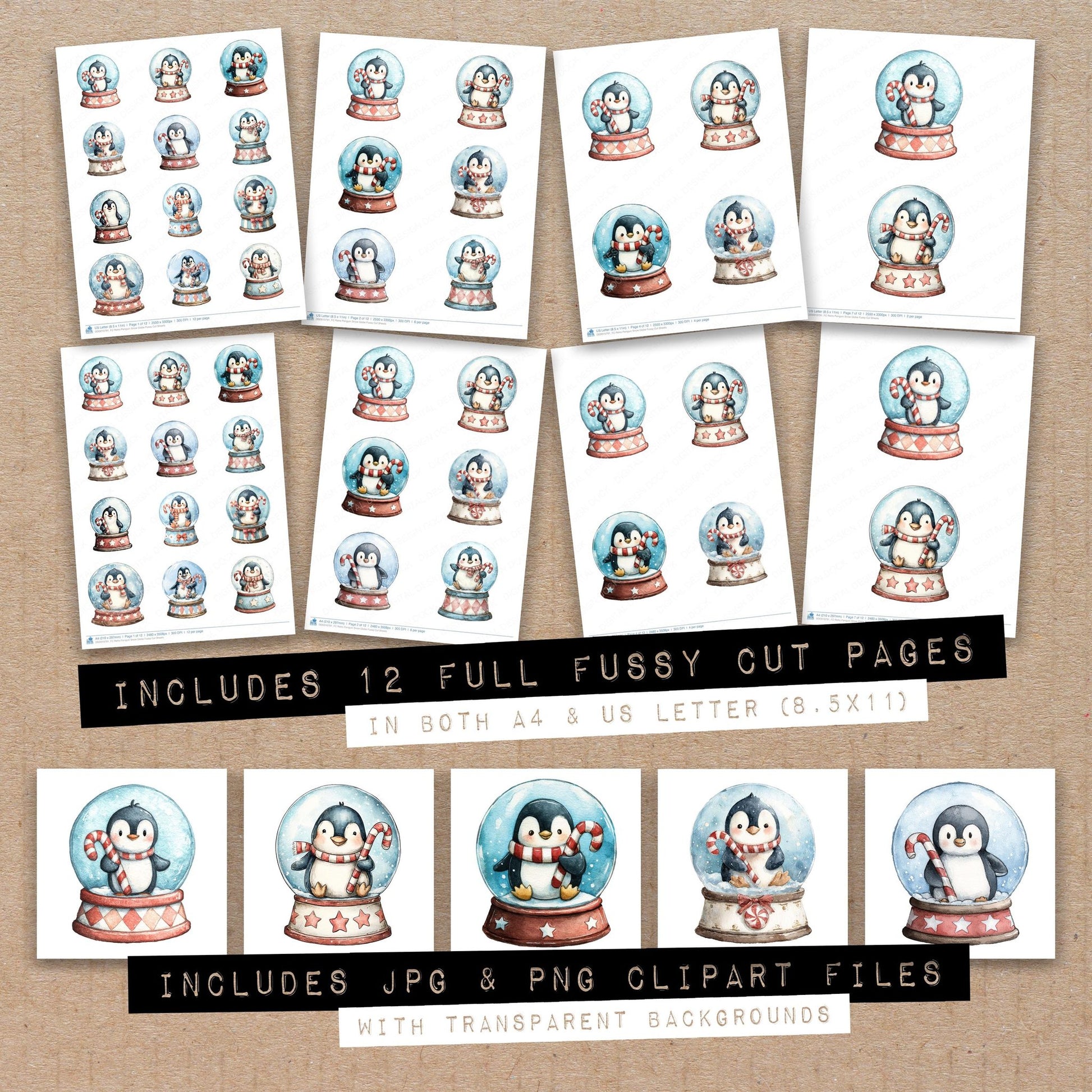 Full collection view of Retro Penguin Snow Globe fussy cut sheets with bonus clipart JPG and PNG files