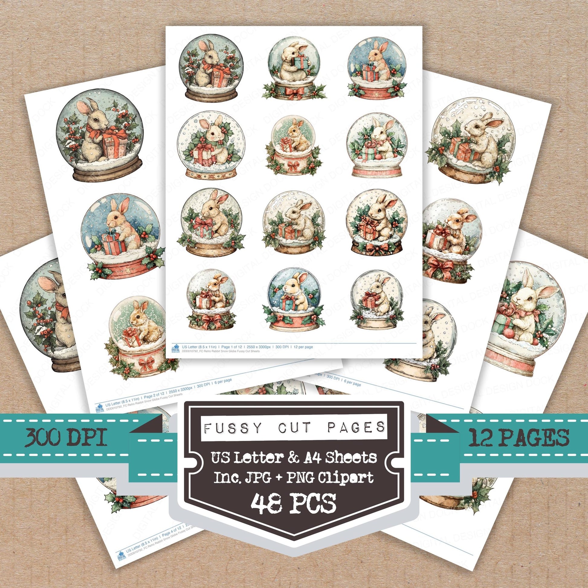 Retro Rabbit Snow Globe fussy cut printable sheets for junk journaling, scrapbooking, and paper craft projects