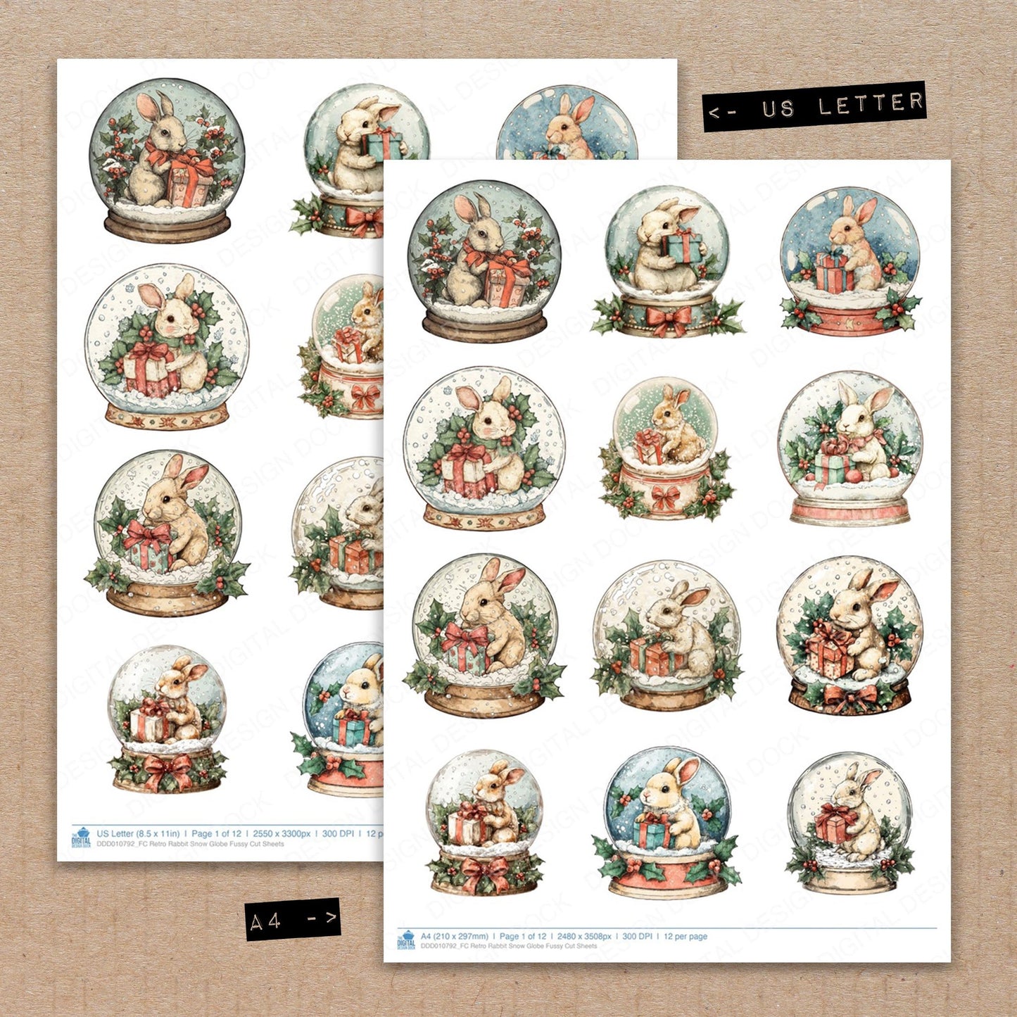 A4 and US Letter format comparison showing Retro Rabbit Snow Globe fussy cut pages for print and cut crafting