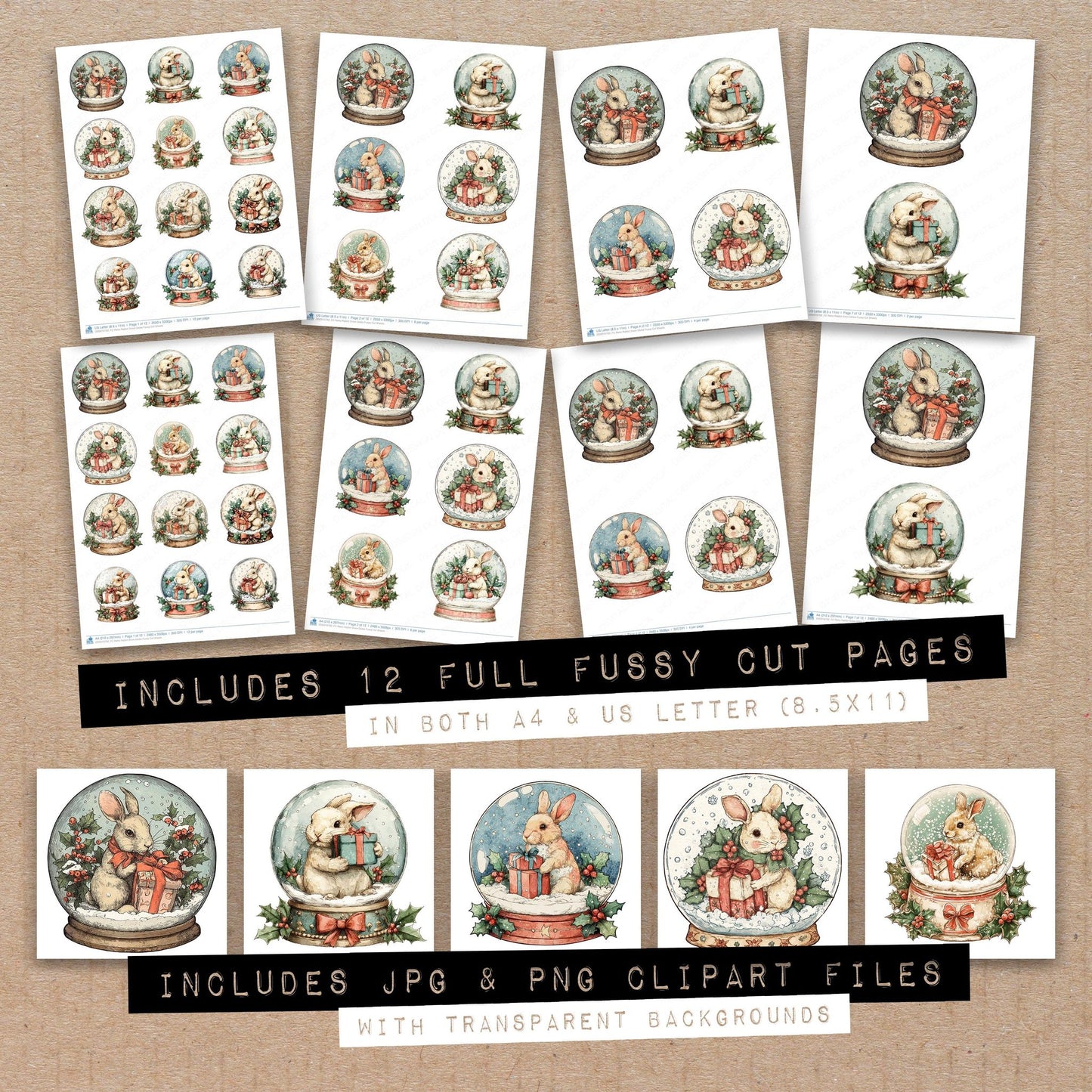 Full collection view of Retro Rabbit Snow Globe fussy cut sheets with bonus clipart JPG and PNG files