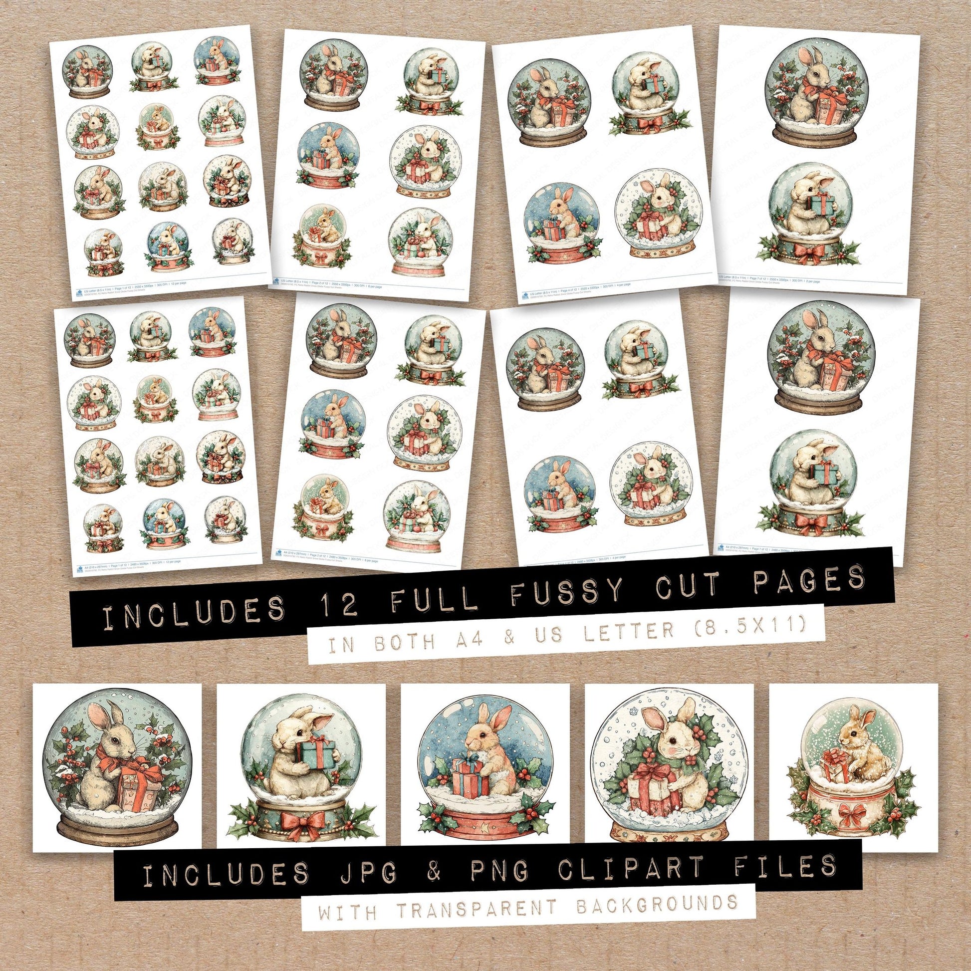 Full collection view of Retro Rabbit Snow Globe fussy cut sheets with bonus clipart JPG and PNG files
