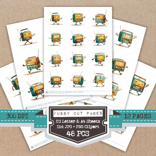 Retro Radio Character fussy cut printable sheets for junk journaling, scrapbooking, and paper craft projects