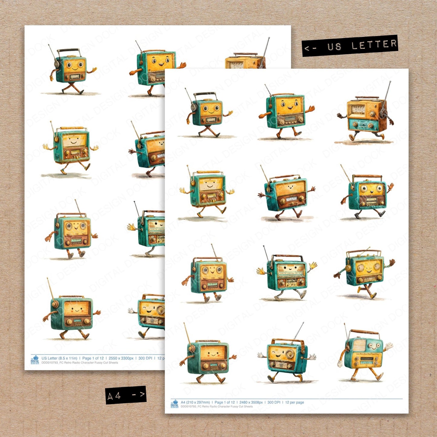 A4 and US Letter format comparison showing Retro Radio Character fussy cut pages for print and cut crafting