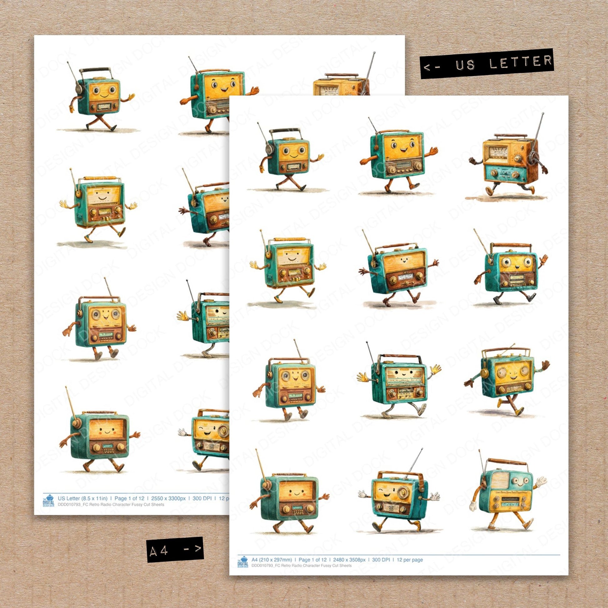 A4 and US Letter format comparison showing Retro Radio Character fussy cut pages for print and cut crafting