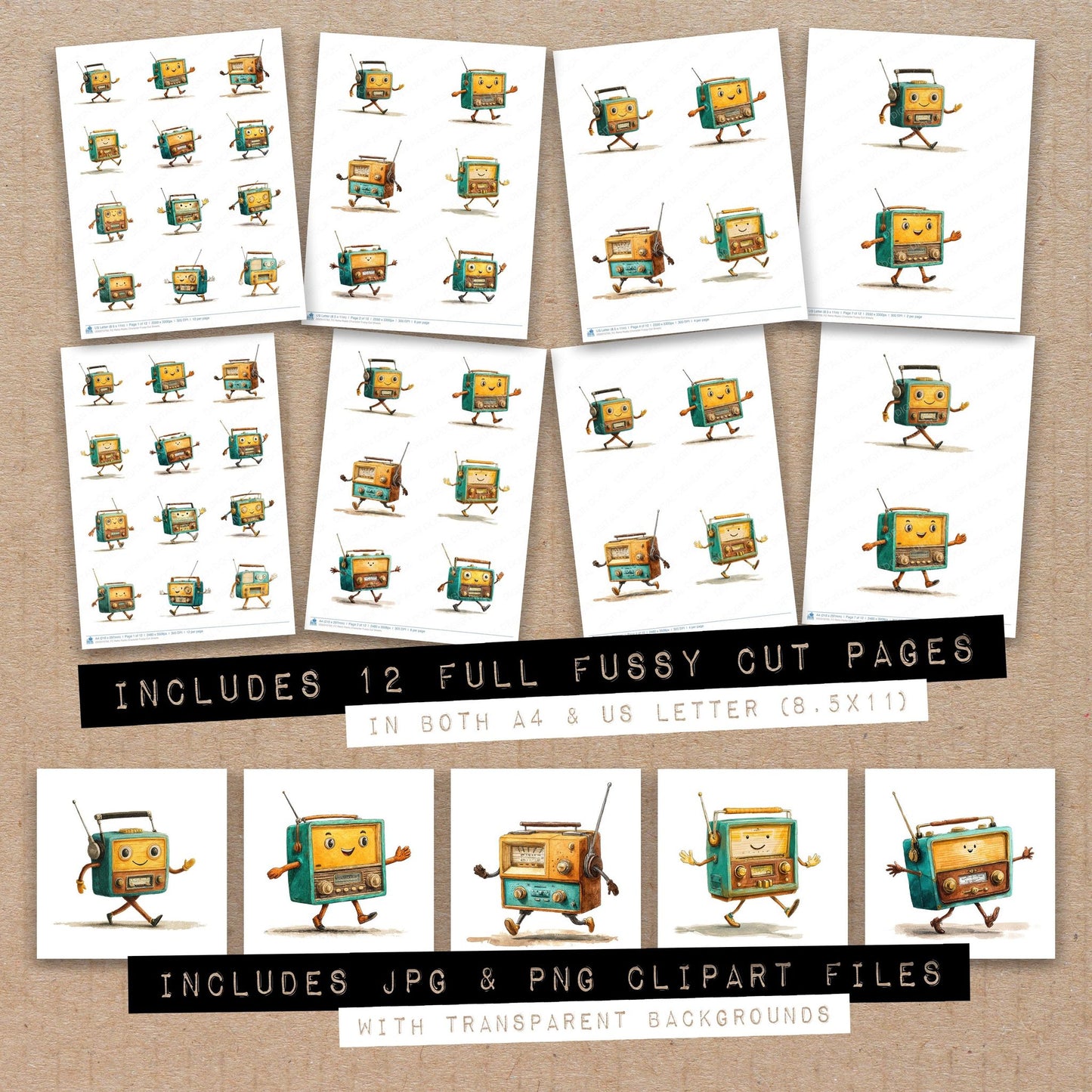 Full collection view of Retro Radio Character fussy cut sheets with bonus clipart JPG and PNG files