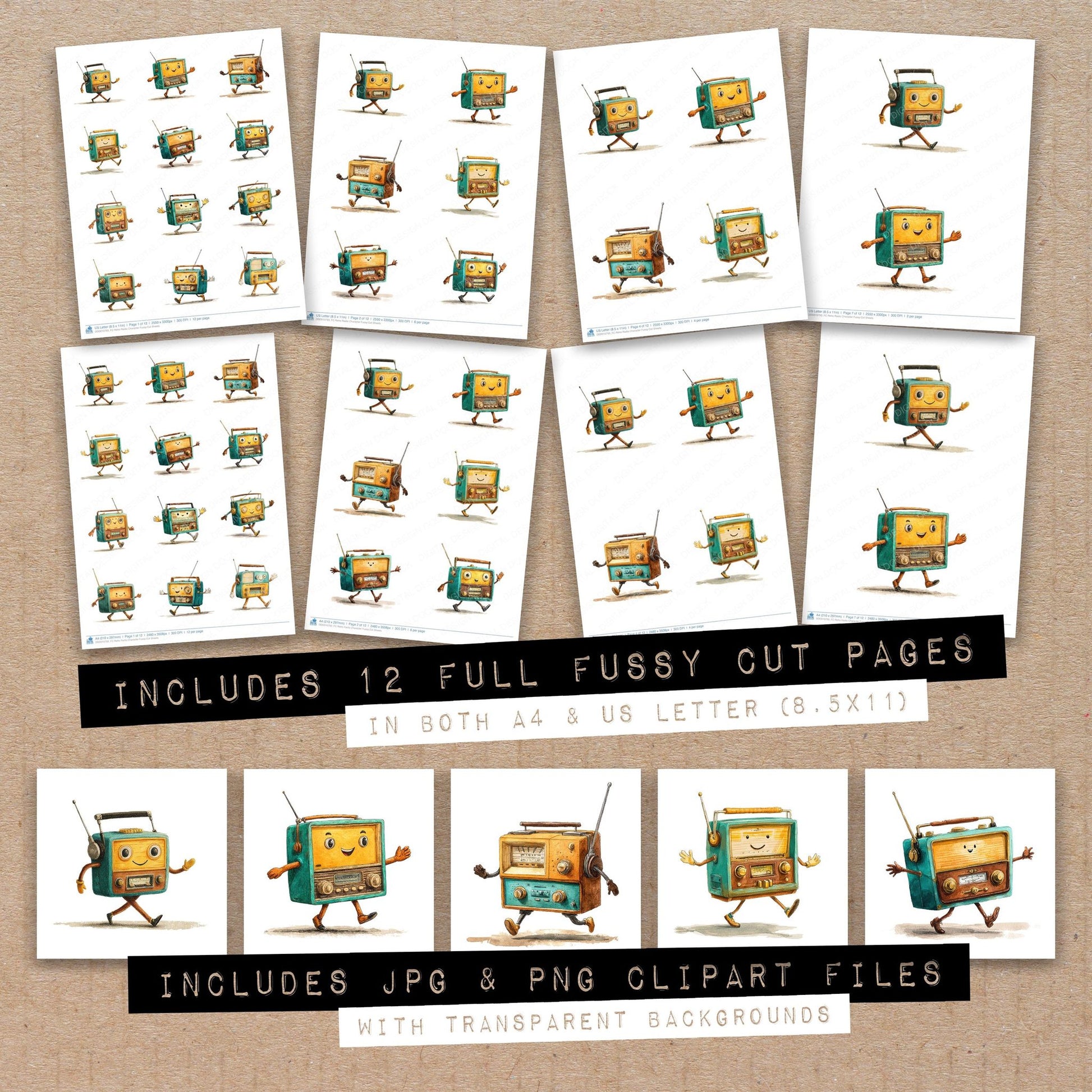 Full collection view of Retro Radio Character fussy cut sheets with bonus clipart JPG and PNG files