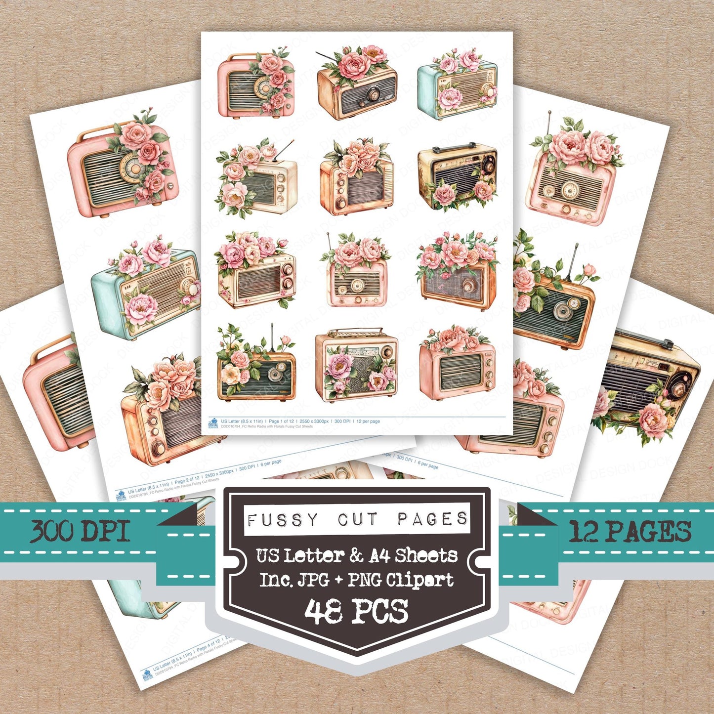 Retro Radio with Florals fussy cut printable sheets for junk journaling, scrapbooking, and paper craft projects