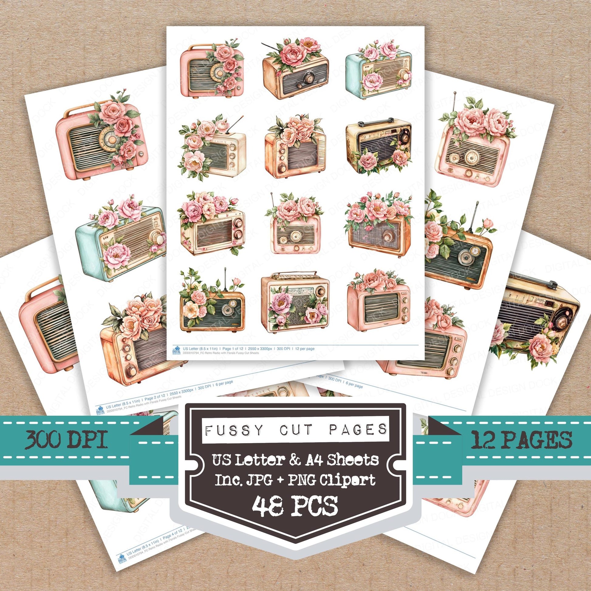 Retro Radio with Florals fussy cut printable sheets for junk journaling, scrapbooking, and paper craft projects