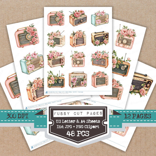 Retro Radio with Florals fussy cut printable sheets for junk journaling, scrapbooking, and paper craft projects
