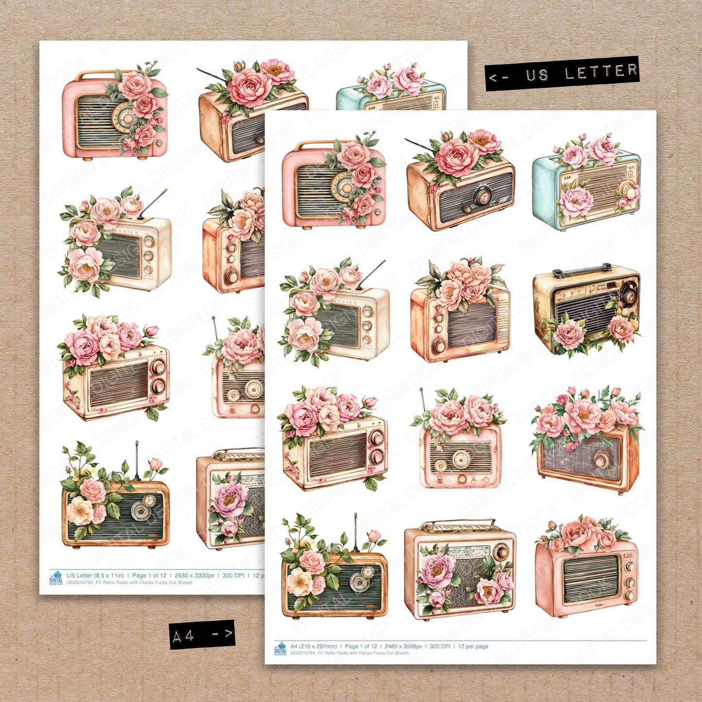 A4 and US Letter format comparison showing Retro Radio with Florals fussy cut pages for print and cut crafting