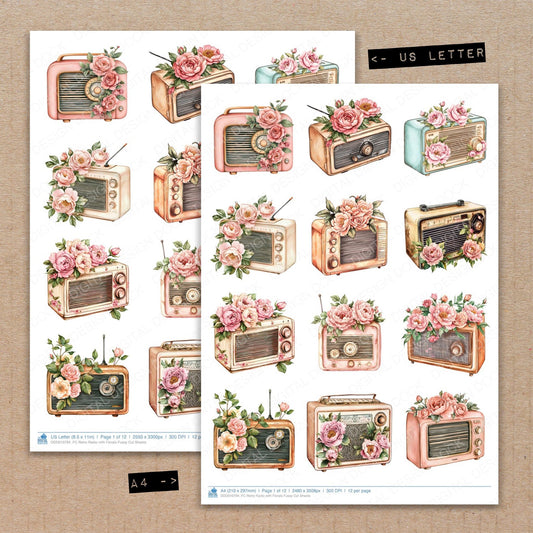 A4 and US Letter format comparison showing Retro Radio with Florals fussy cut pages for print and cut crafting