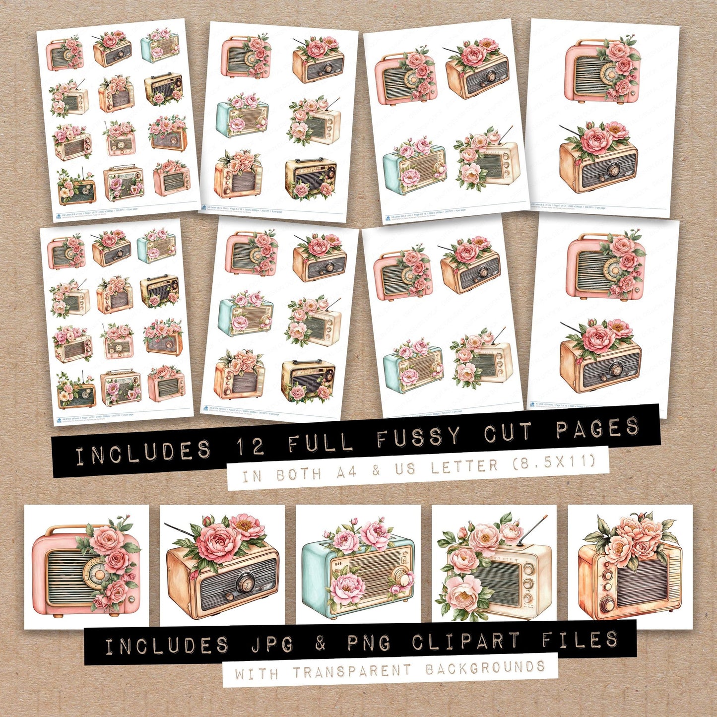 Full collection view of Retro Radio with Florals fussy cut sheets with bonus clipart JPG and PNG files