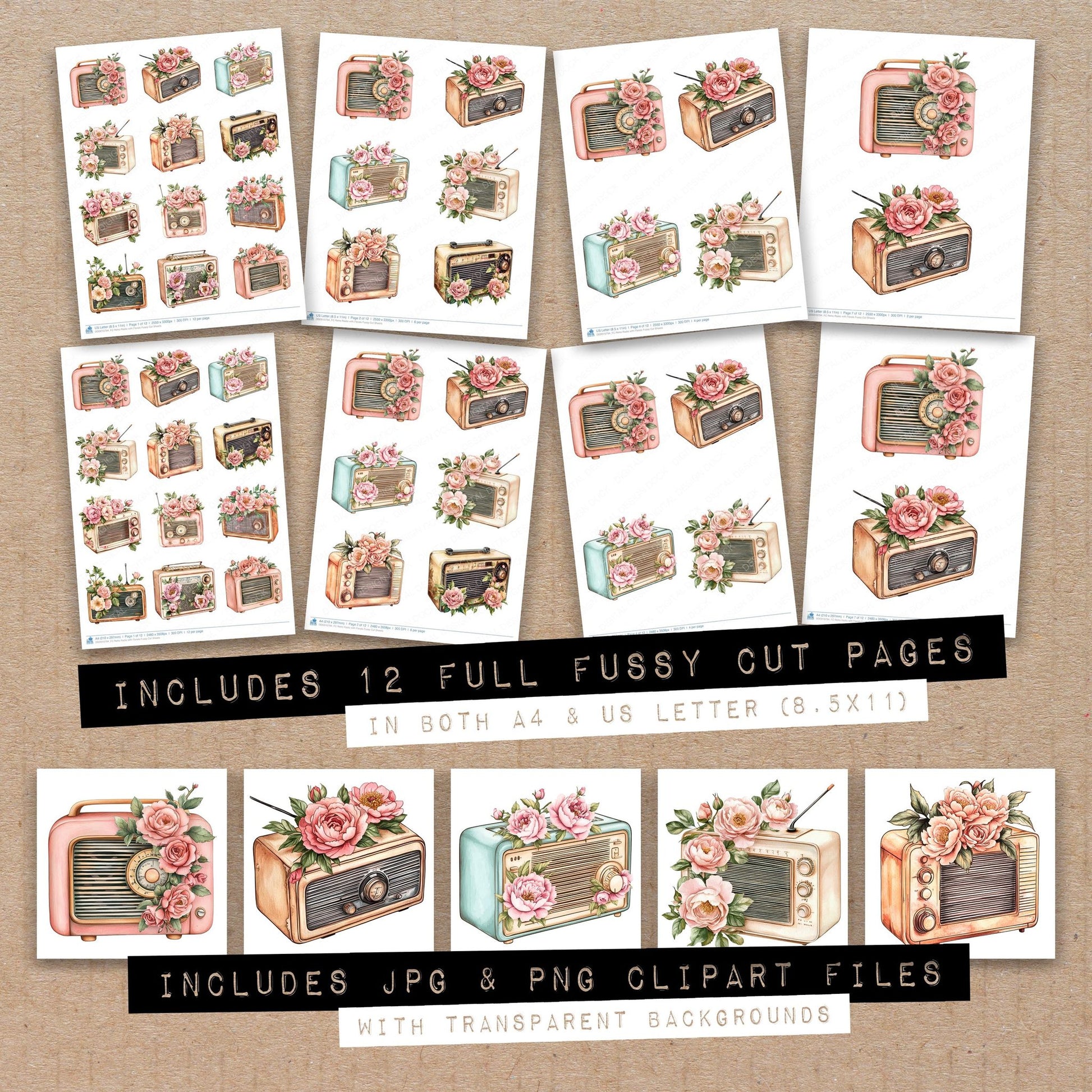 Full collection view of Retro Radio with Florals fussy cut sheets with bonus clipart JPG and PNG files