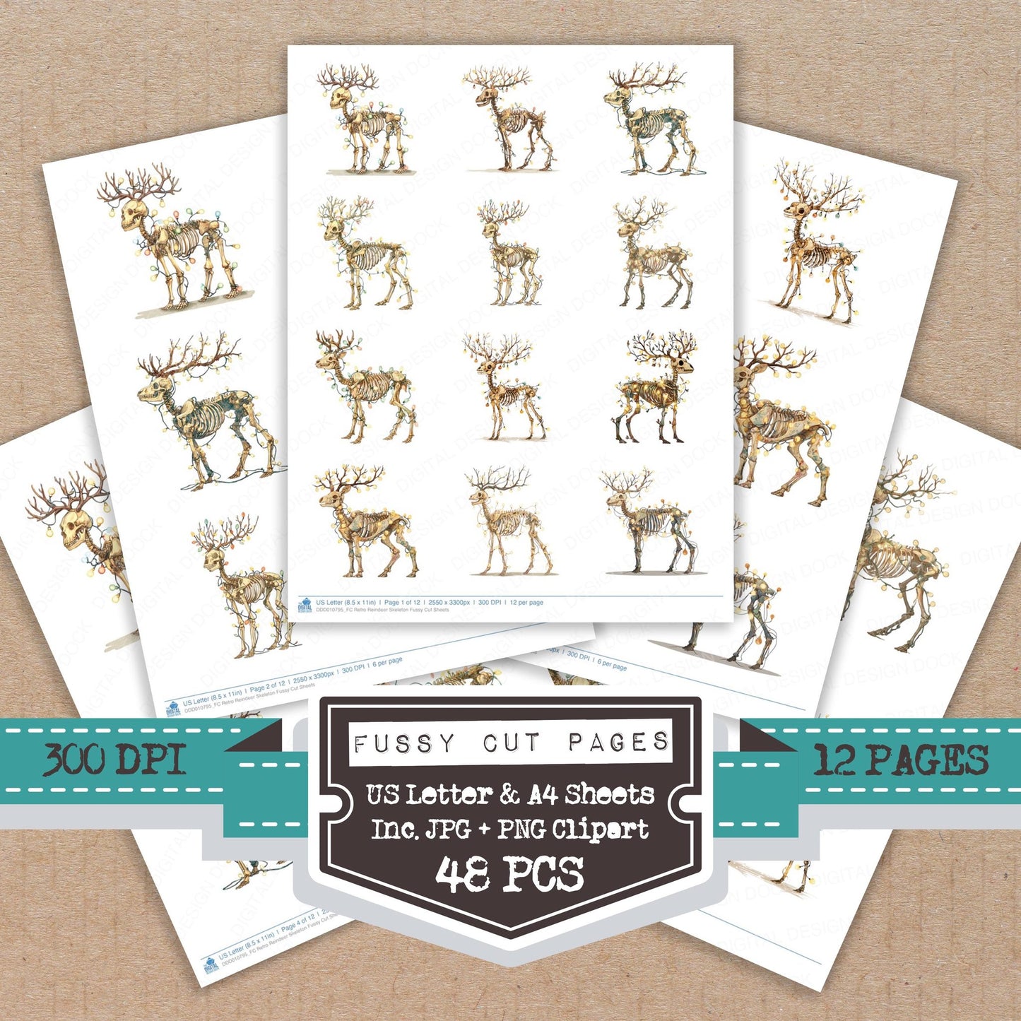 Retro Reindeer Skeleton fussy cut printable sheets for junk journaling, scrapbooking, and paper craft projects