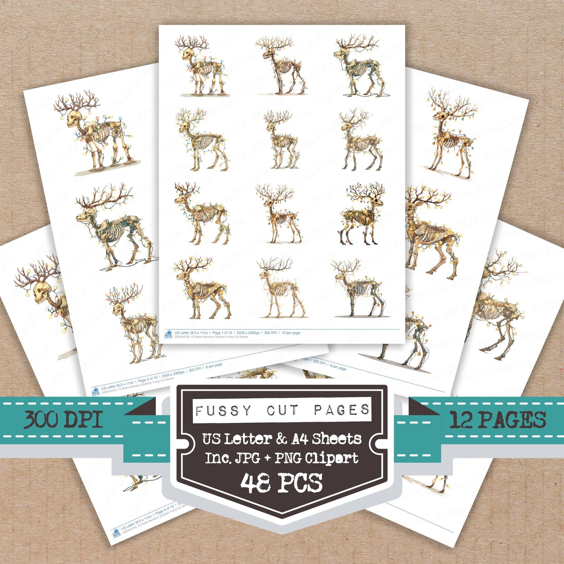 Retro Reindeer Skeleton fussy cut printable sheets for junk journaling, scrapbooking, and paper craft projects