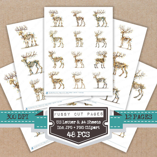 Retro Reindeer Skeleton fussy cut printable sheets for junk journaling, scrapbooking, and paper craft projects