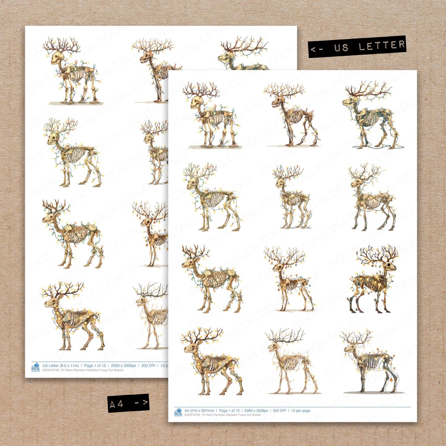 A4 and US Letter format comparison showing Retro Reindeer Skeleton fussy cut pages for print and cut crafting