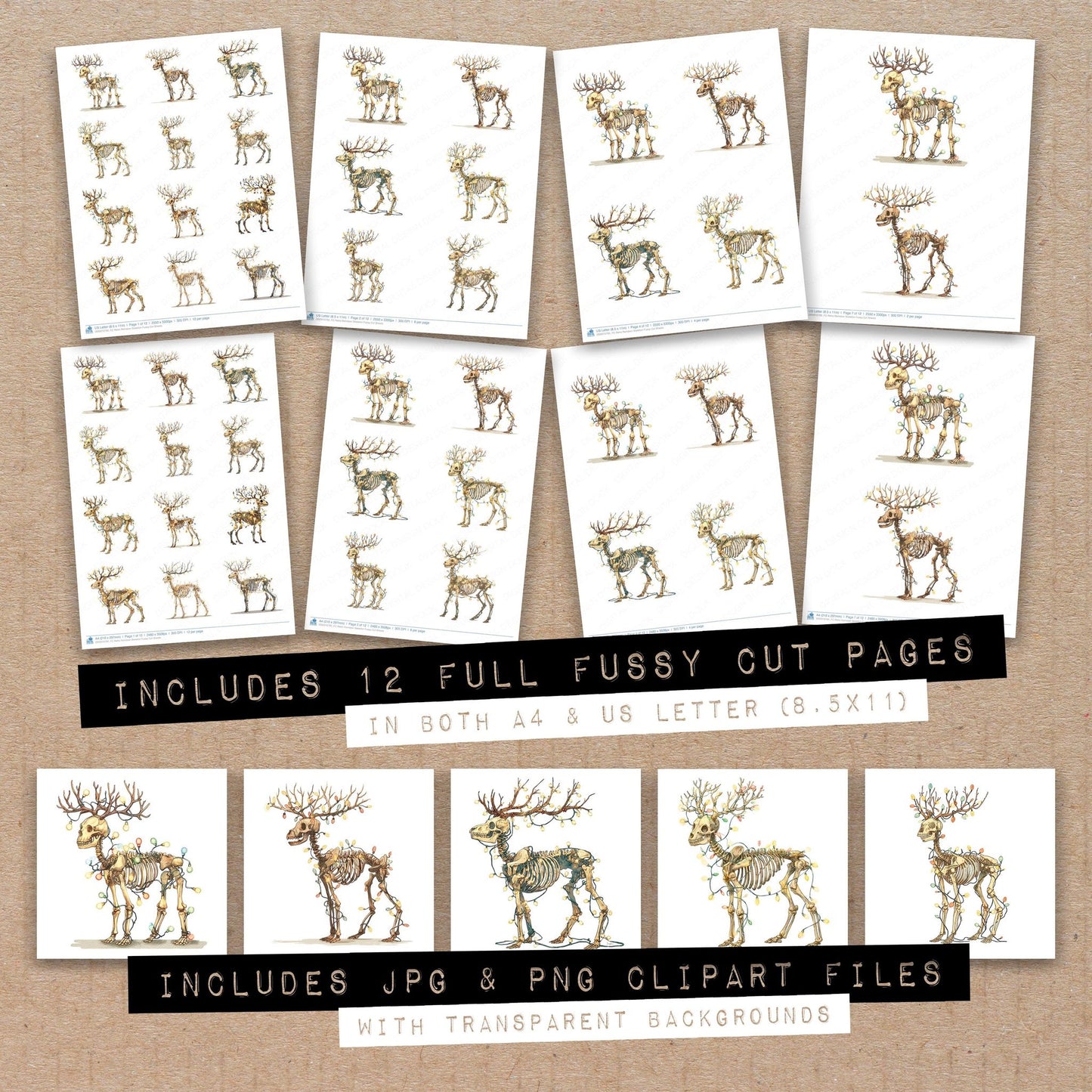 Full collection view of Retro Reindeer Skeleton fussy cut sheets with bonus clipart JPG and PNG files