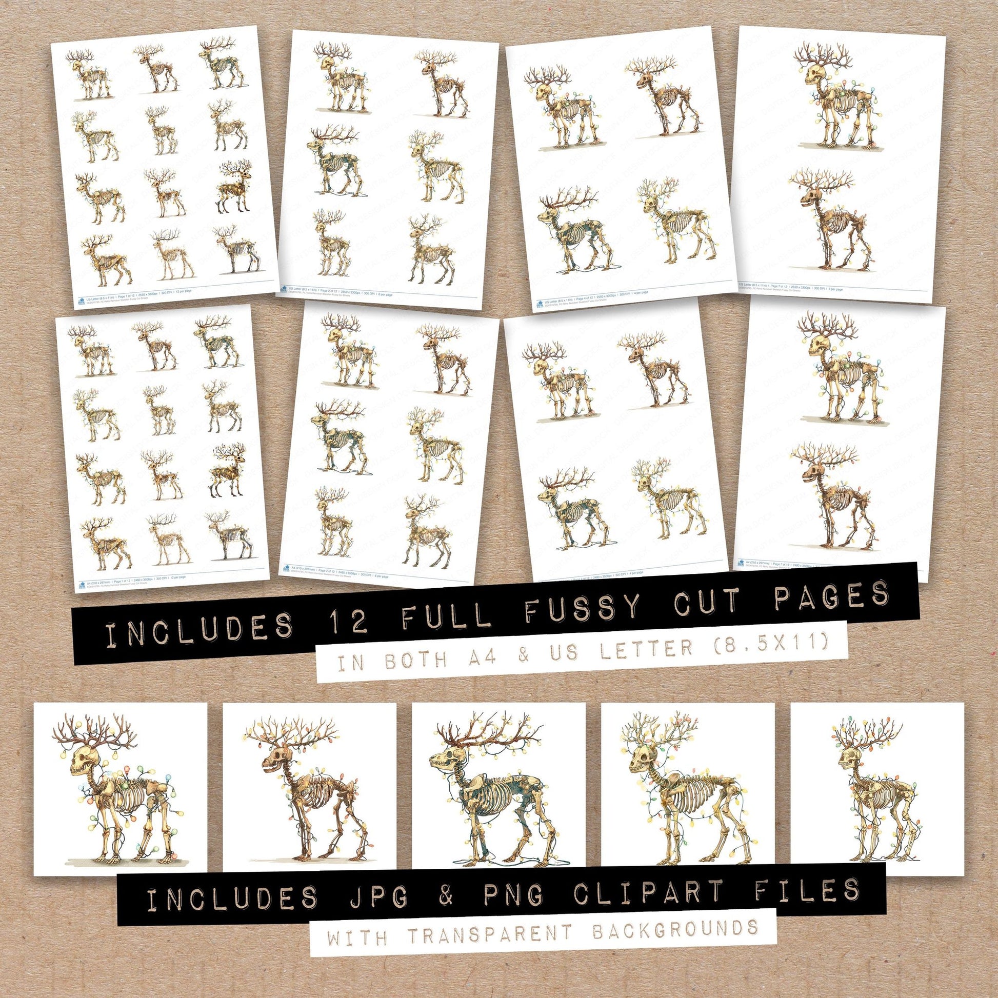 Full collection view of Retro Reindeer Skeleton fussy cut sheets with bonus clipart JPG and PNG files
