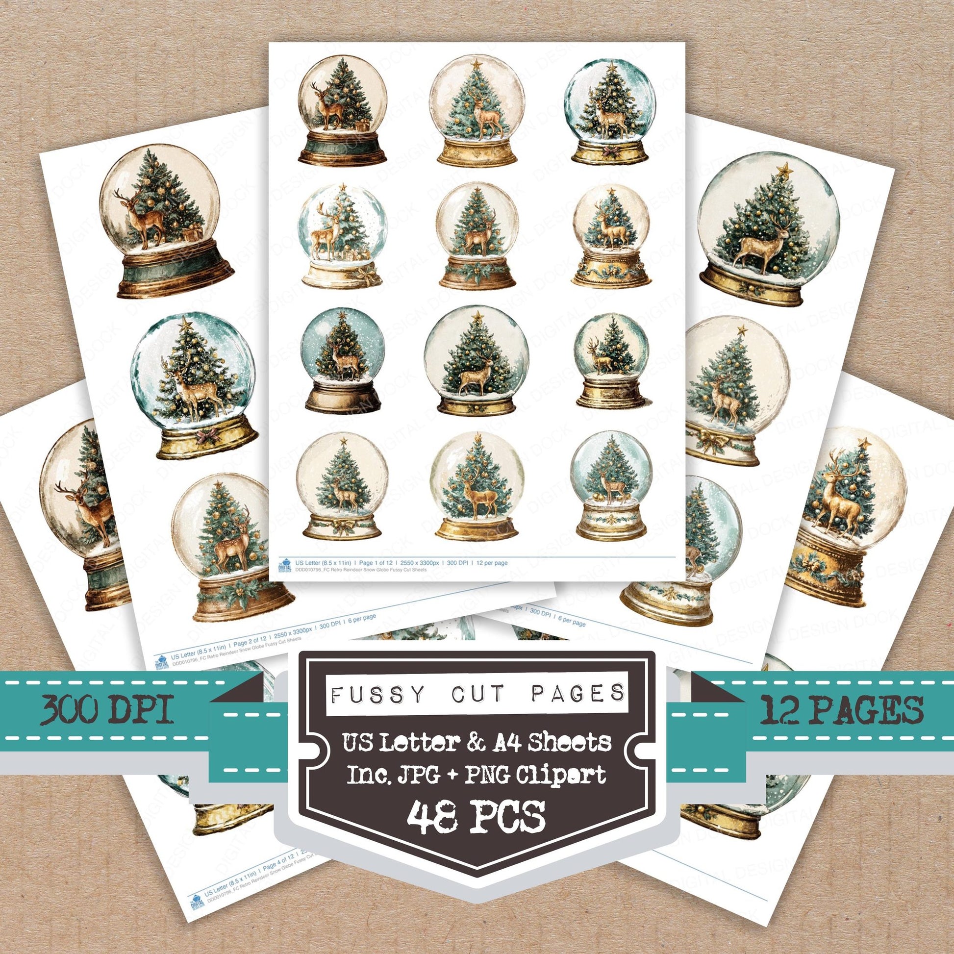 Retro Reindeer Snow Globe fussy cut printable sheets for junk journaling, scrapbooking, and paper craft projects