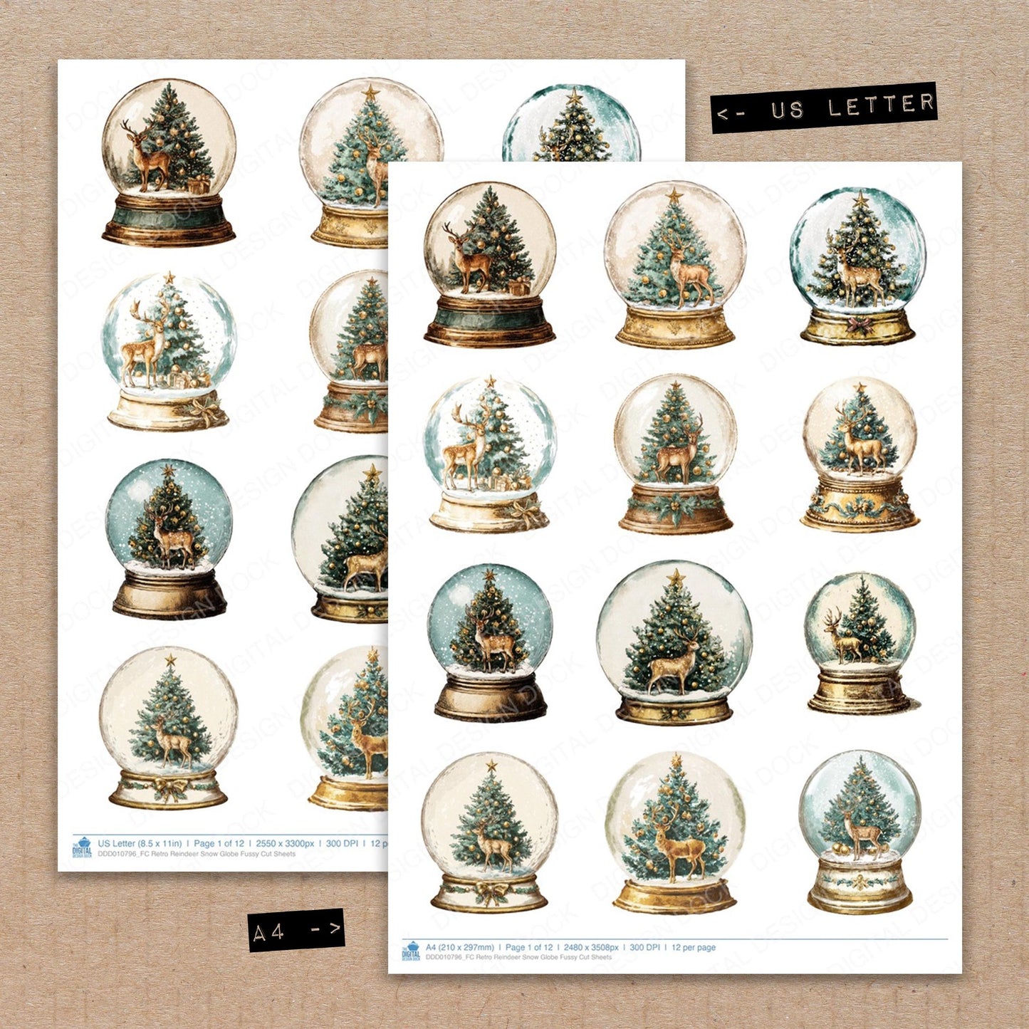 A4 and US Letter format comparison showing Retro Reindeer Snow Globe fussy cut pages for print and cut crafting