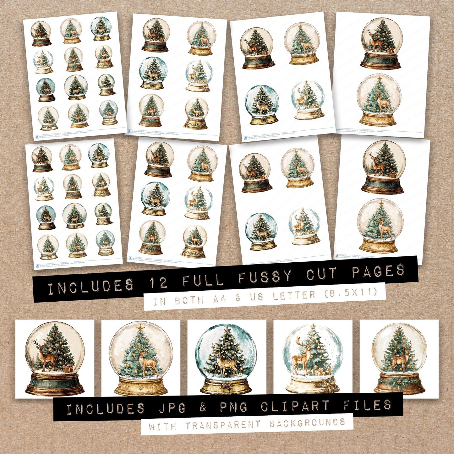 Full collection view of Retro Reindeer Snow Globe fussy cut sheets with bonus clipart JPG and PNG files