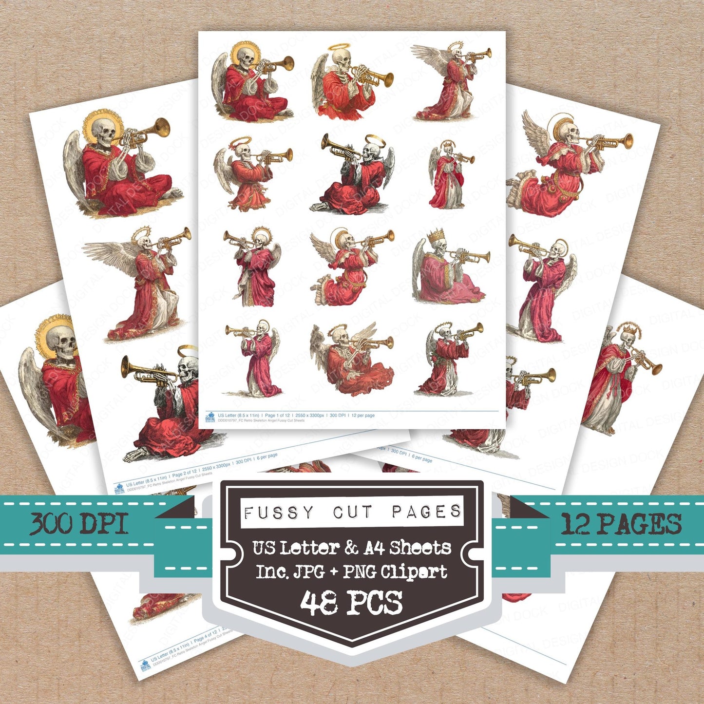 Retro Skeleton Angel fussy cut printable sheets for junk journaling, scrapbooking, and paper craft projects